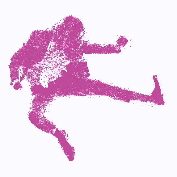 A shoddy looking business man with long hair jump kicks to the right, with a monochrome pixel filter on him.