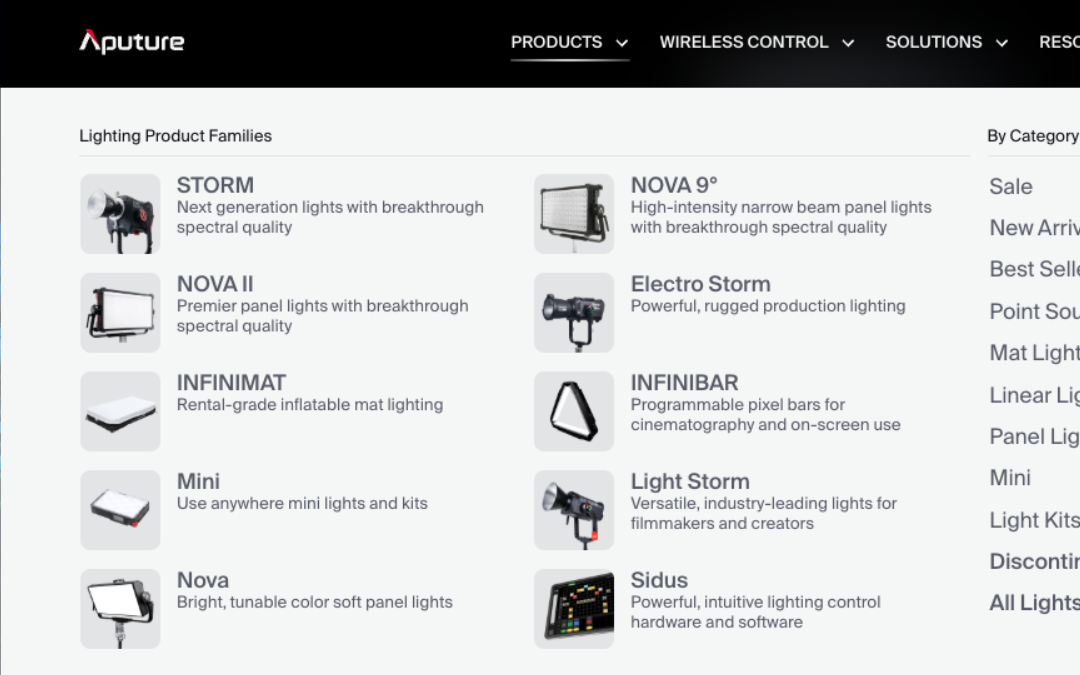 Aputure.com Top Menu Detail